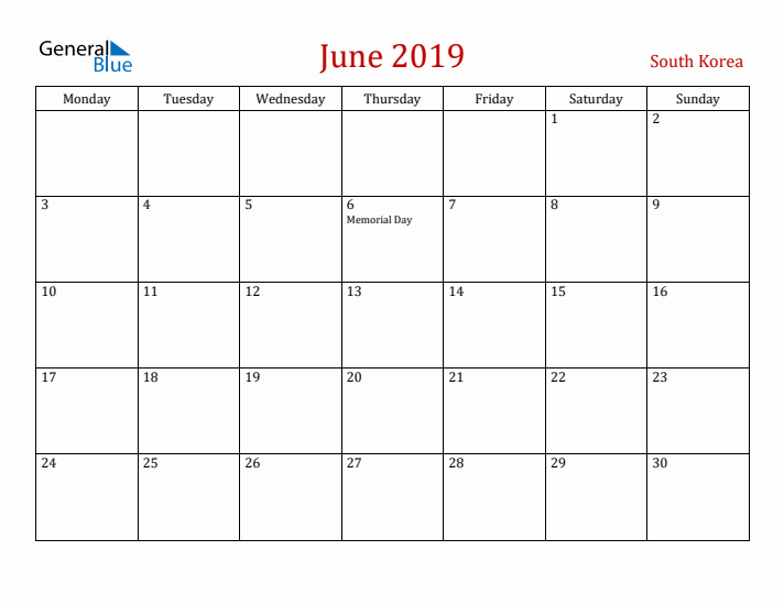 South Korea June 2019 Calendar - Monday Start