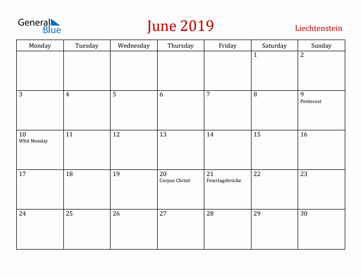 Liechtenstein June 2019 Calendar - Monday Start