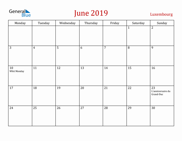 Luxembourg June 2019 Calendar - Monday Start