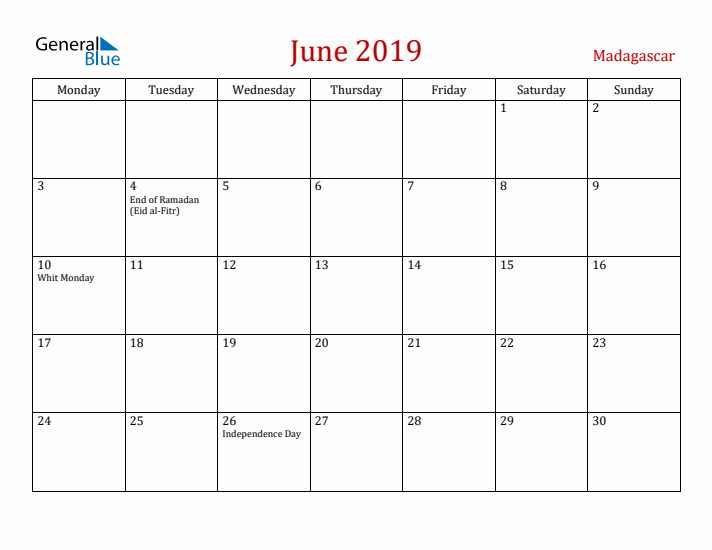 Madagascar June 2019 Calendar - Monday Start