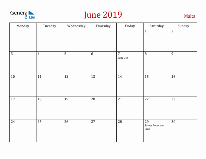 Malta June 2019 Calendar - Monday Start