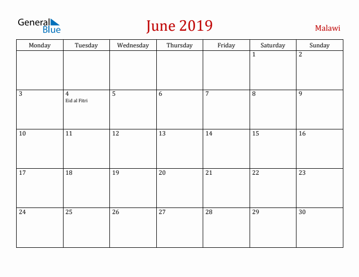 Malawi June 2019 Calendar - Monday Start
