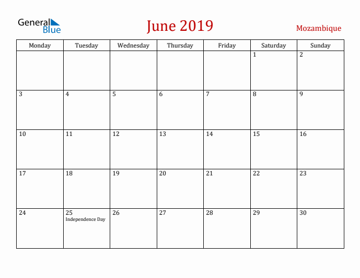 Mozambique June 2019 Calendar - Monday Start