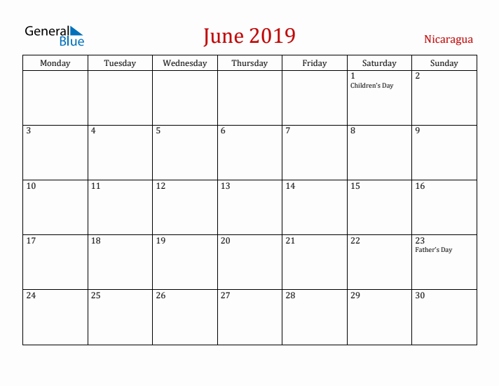 Nicaragua June 2019 Calendar - Monday Start