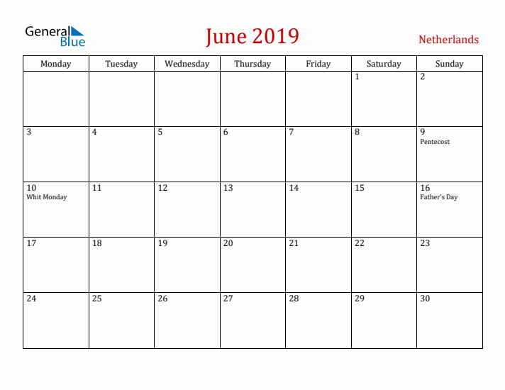 The Netherlands June 2019 Calendar - Monday Start