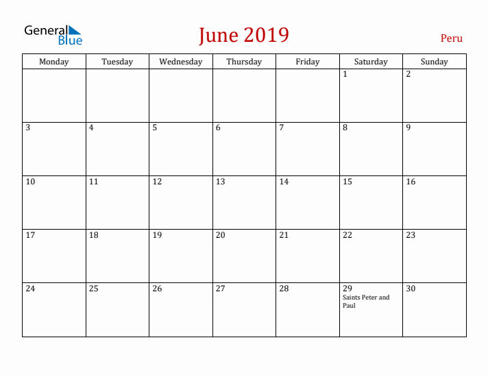 Peru June 2019 Calendar - Monday Start