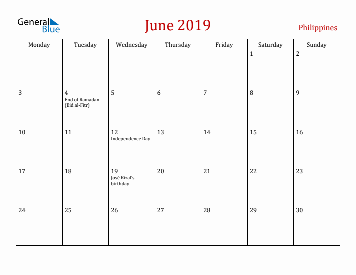 Philippines June 2019 Calendar - Monday Start