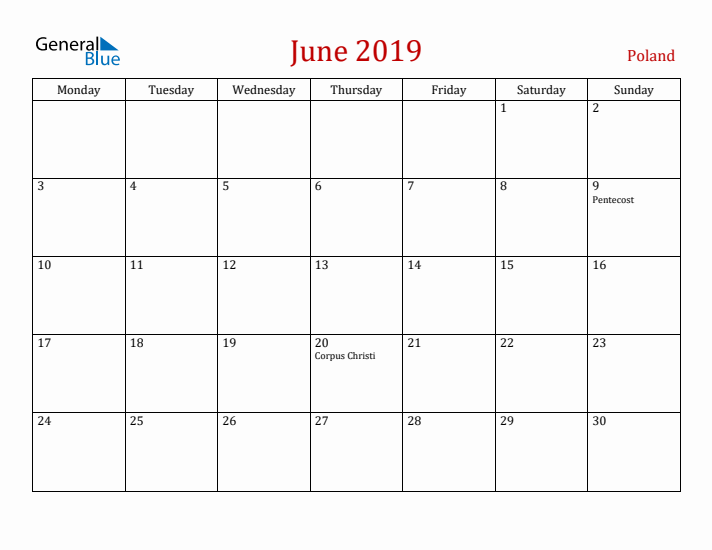 Poland June 2019 Calendar - Monday Start