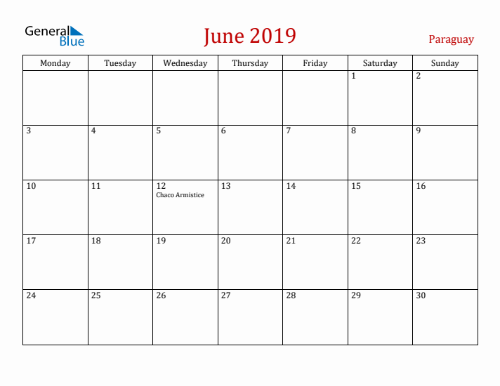 Paraguay June 2019 Calendar - Monday Start