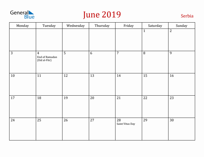 Serbia June 2019 Calendar - Monday Start