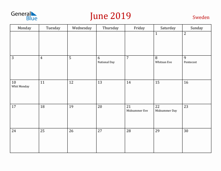 Sweden June 2019 Calendar - Monday Start