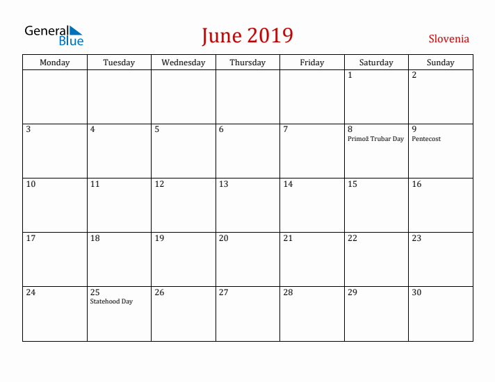 Slovenia June 2019 Calendar - Monday Start