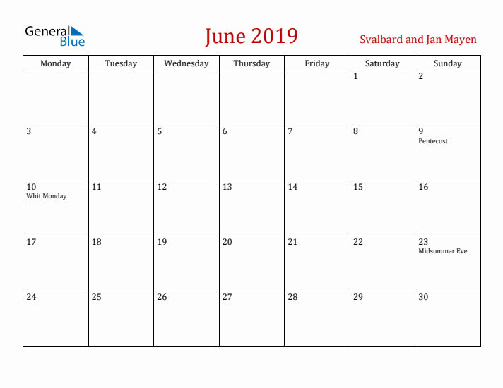 Svalbard and Jan Mayen June 2019 Calendar - Monday Start