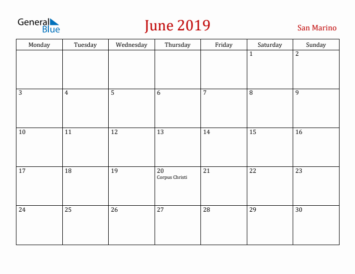 San Marino June 2019 Calendar - Monday Start