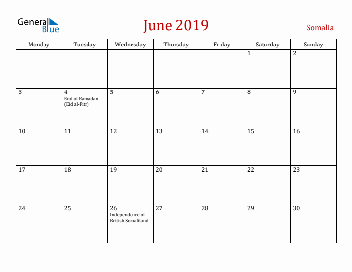 Somalia June 2019 Calendar - Monday Start