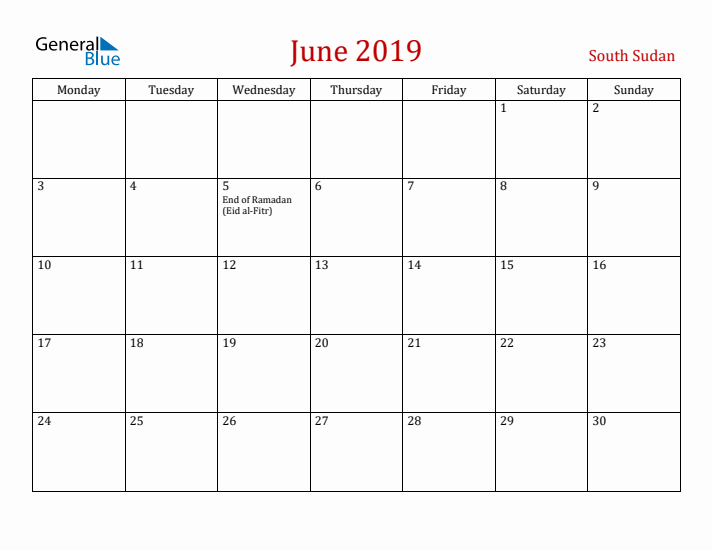South Sudan June 2019 Calendar - Monday Start