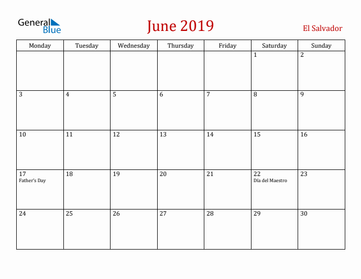 El Salvador June 2019 Calendar - Monday Start