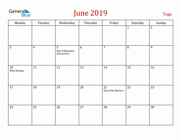 Togo June 2019 Calendar - Monday Start