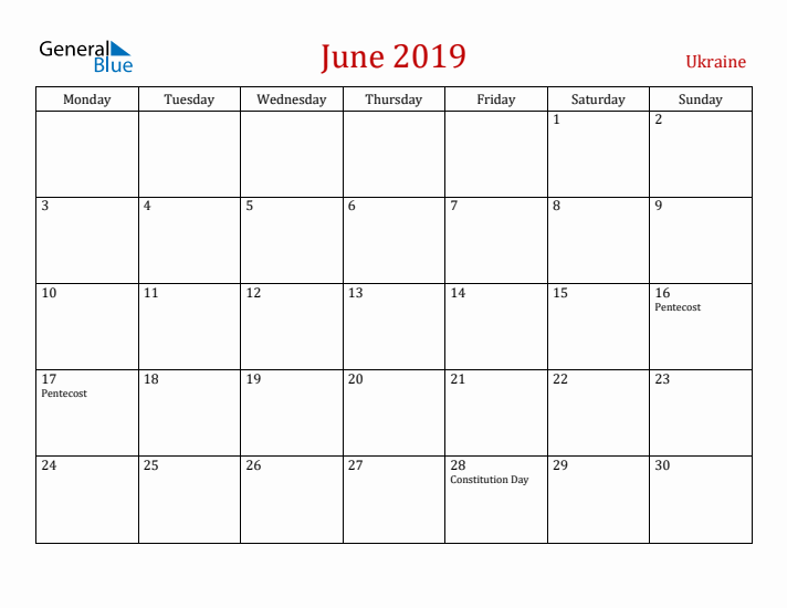 Ukraine June 2019 Calendar - Monday Start