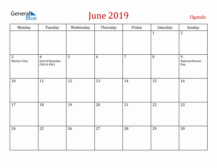 Uganda June 2019 Calendar - Monday Start