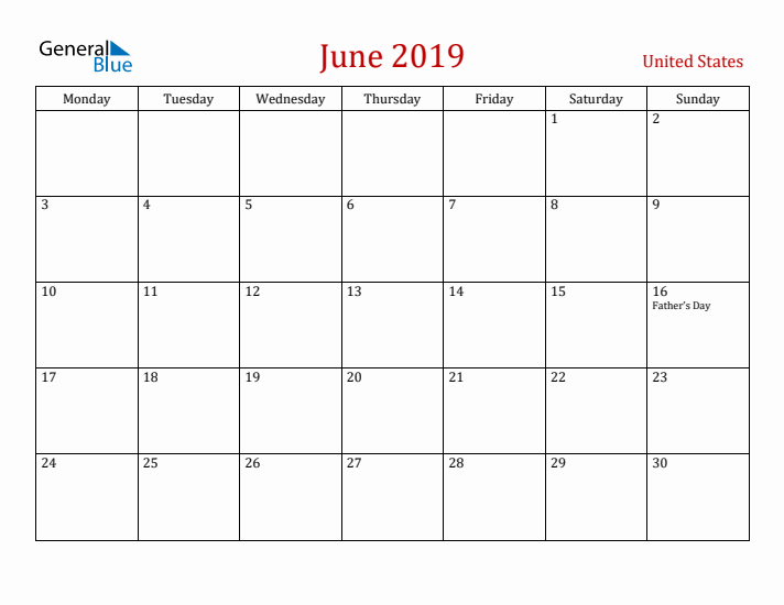 United States June 2019 Calendar - Monday Start
