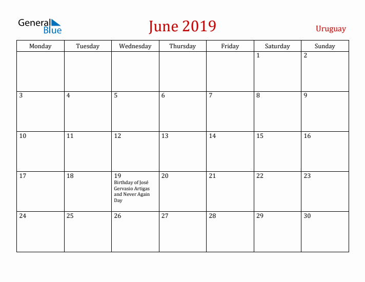 Uruguay June 2019 Calendar - Monday Start