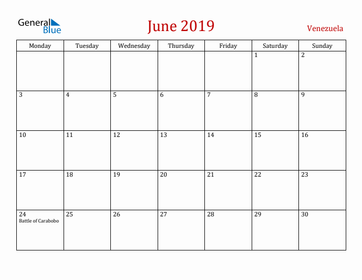 Venezuela June 2019 Calendar - Monday Start