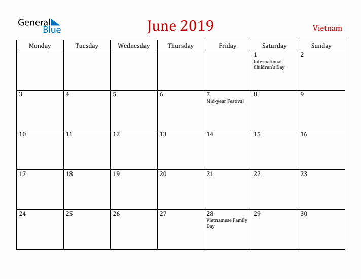 Vietnam June 2019 Calendar - Monday Start