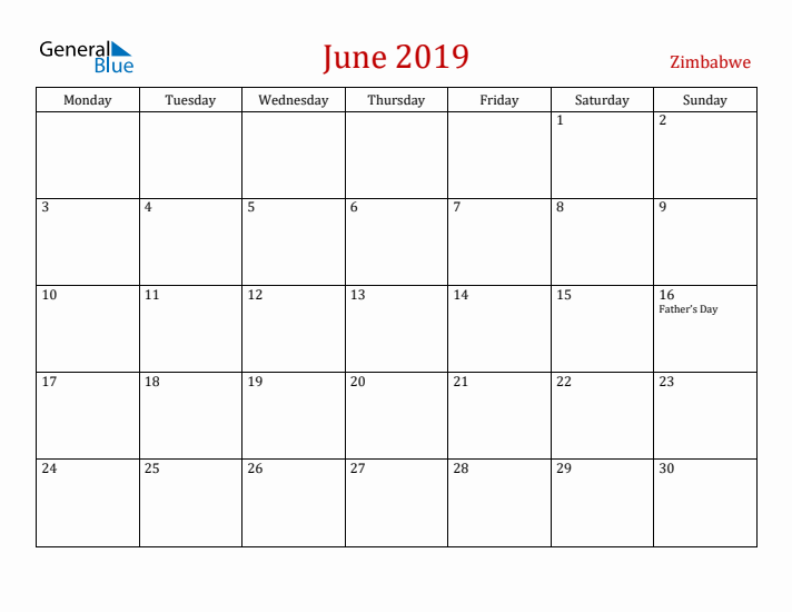Zimbabwe June 2019 Calendar - Monday Start