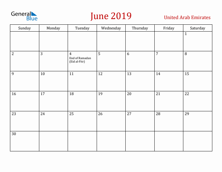 United Arab Emirates June 2019 Calendar - Sunday Start
