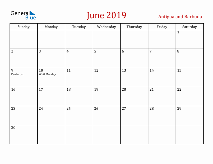 Antigua and Barbuda June 2019 Calendar - Sunday Start