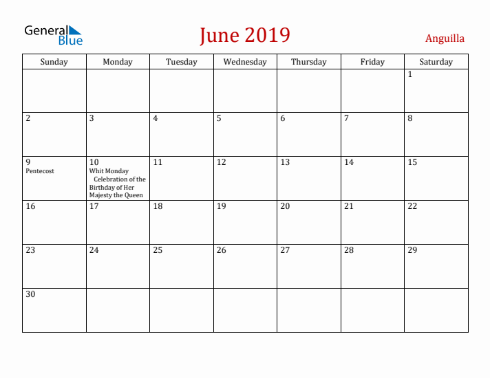 Anguilla June 2019 Calendar - Sunday Start