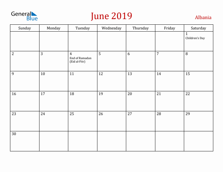 Albania June 2019 Calendar - Sunday Start