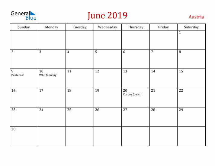 Austria June 2019 Calendar - Sunday Start