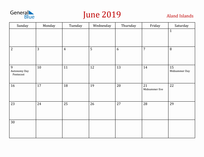 Aland Islands June 2019 Calendar - Sunday Start