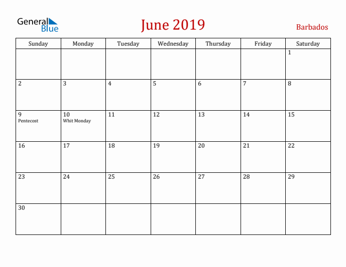 Barbados June 2019 Calendar - Sunday Start