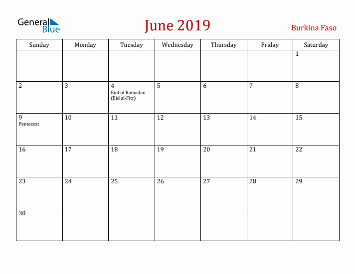 Burkina Faso June 2019 Calendar - Sunday Start