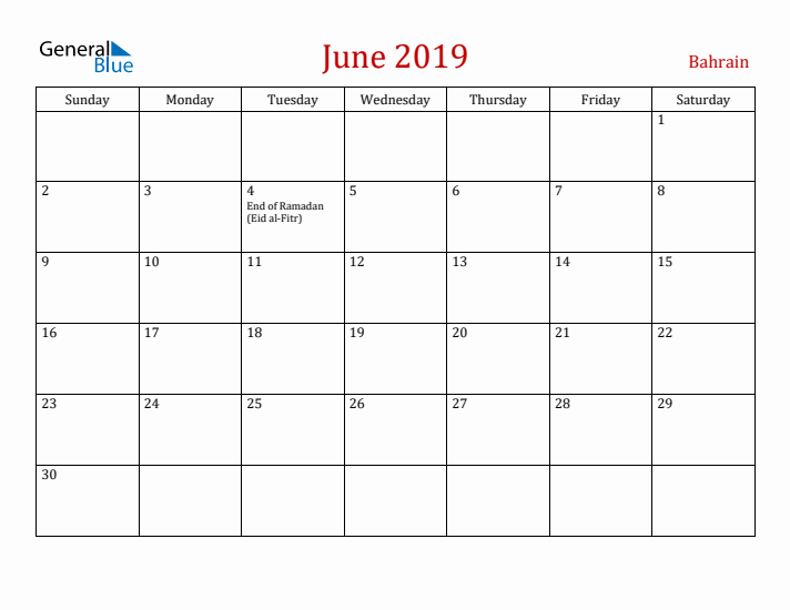 Bahrain June 2019 Calendar - Sunday Start