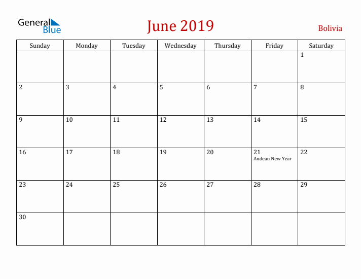 Bolivia June 2019 Calendar - Sunday Start