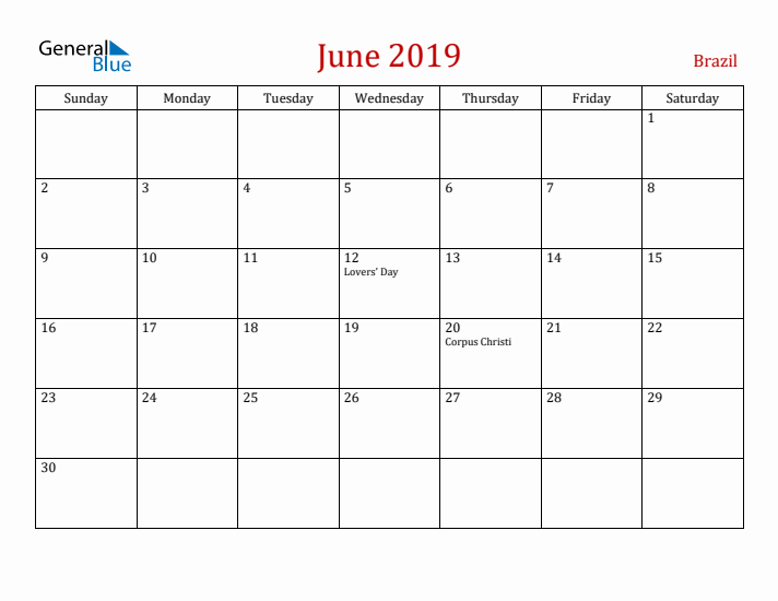Brazil June 2019 Calendar - Sunday Start