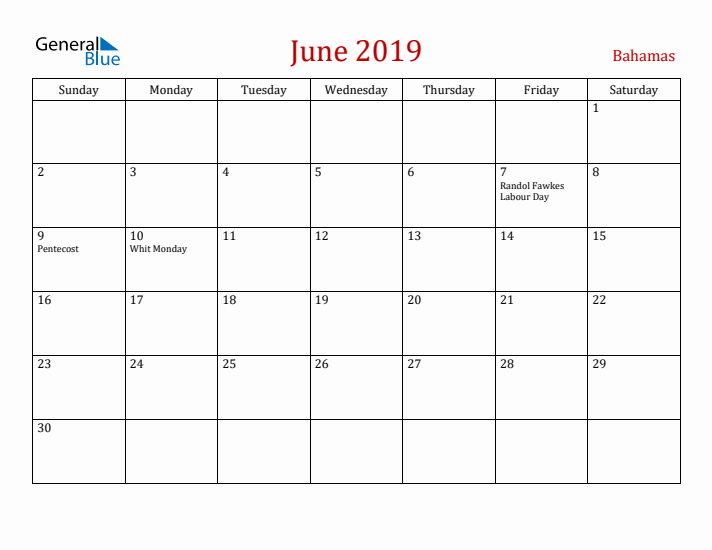 Bahamas June 2019 Calendar - Sunday Start
