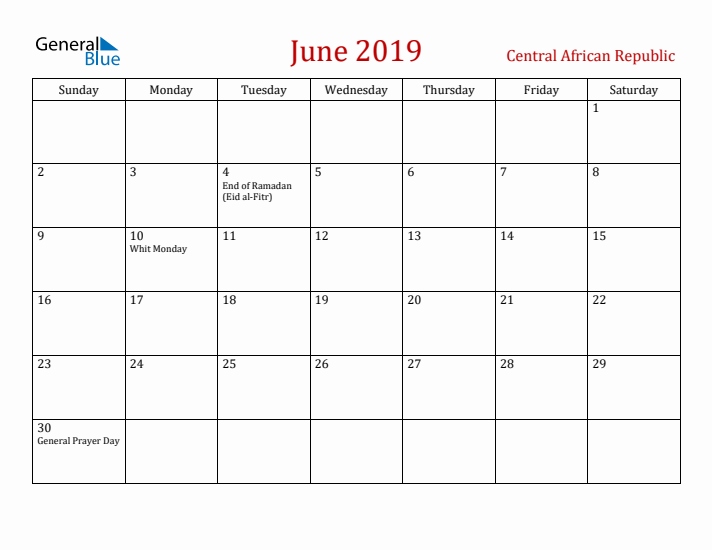 Central African Republic June 2019 Calendar - Sunday Start