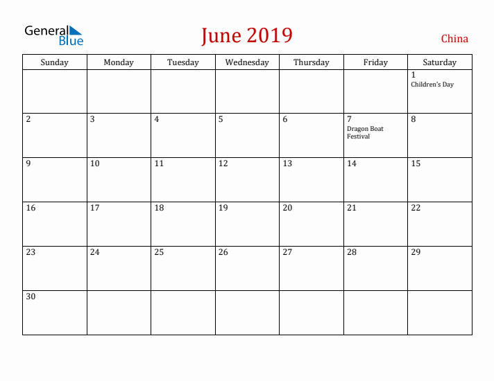China June 2019 Calendar - Sunday Start