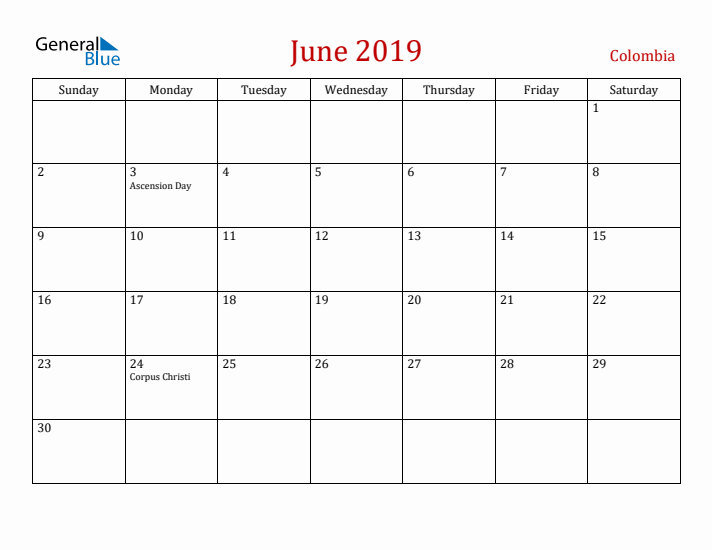 Colombia June 2019 Calendar - Sunday Start