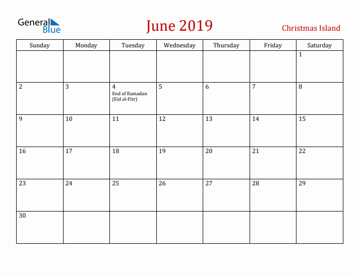 Christmas Island June 2019 Calendar - Sunday Start