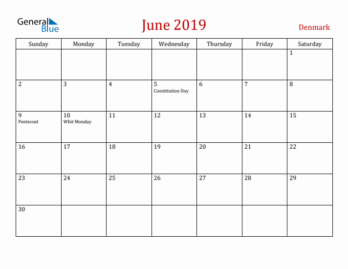 Denmark June 2019 Calendar - Sunday Start