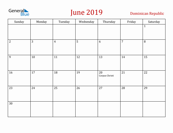 Dominican Republic June 2019 Calendar - Sunday Start