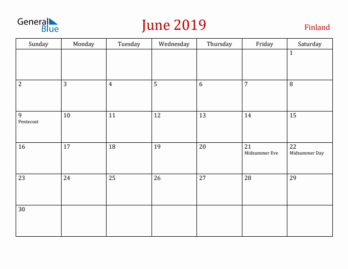 Finland June 2019 Calendar - Sunday Start