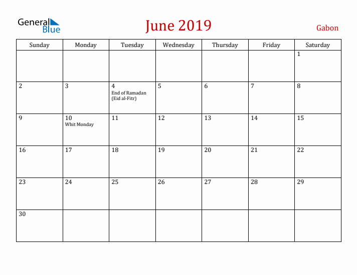 Gabon June 2019 Calendar - Sunday Start