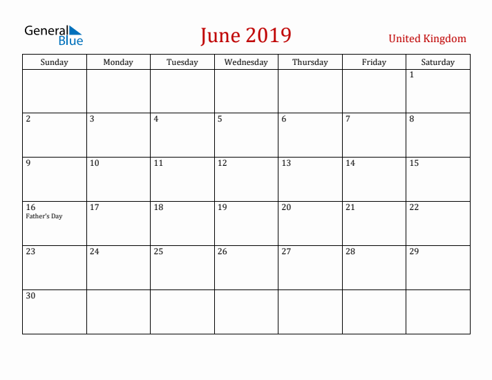 United Kingdom June 2019 Calendar - Sunday Start